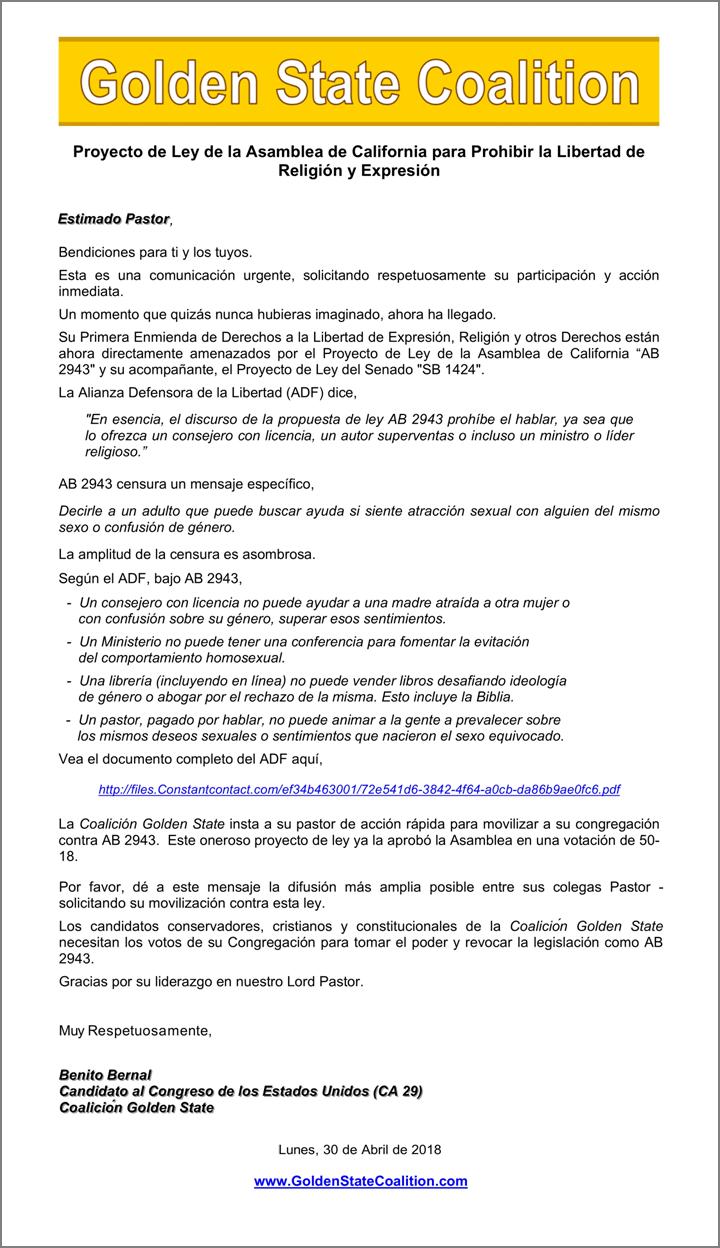 Candidatos de GSC oposicion a la Asamblea de California Proyecto de ley 2943